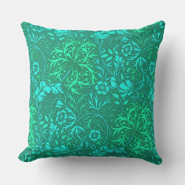 William Morris Seaweed Floral, Turquoise and Aqua Outdoor Pillow (Front)