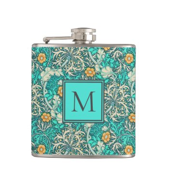 William Morris Seaweed Pattern With Your Monogram Flask by encore_arts at Zazzle