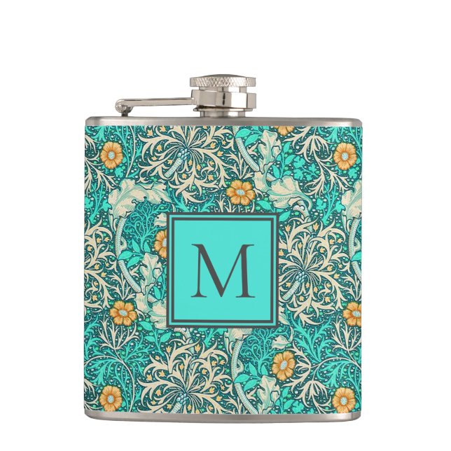 William Morris Seaweed Pattern with Your Monogram Flask (Front)