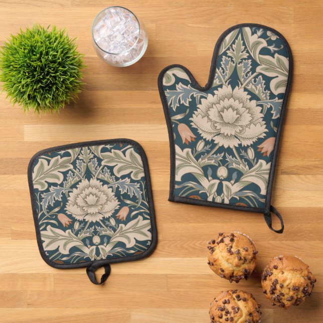 William Morris Severn Floral Garden Flower Classic Oven Mitt & Pot Holder Set (Top Down)