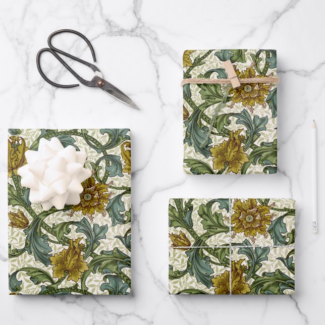 William Morris Single Stem Floral Art Tile Wrapping Paper Sheets (Front)