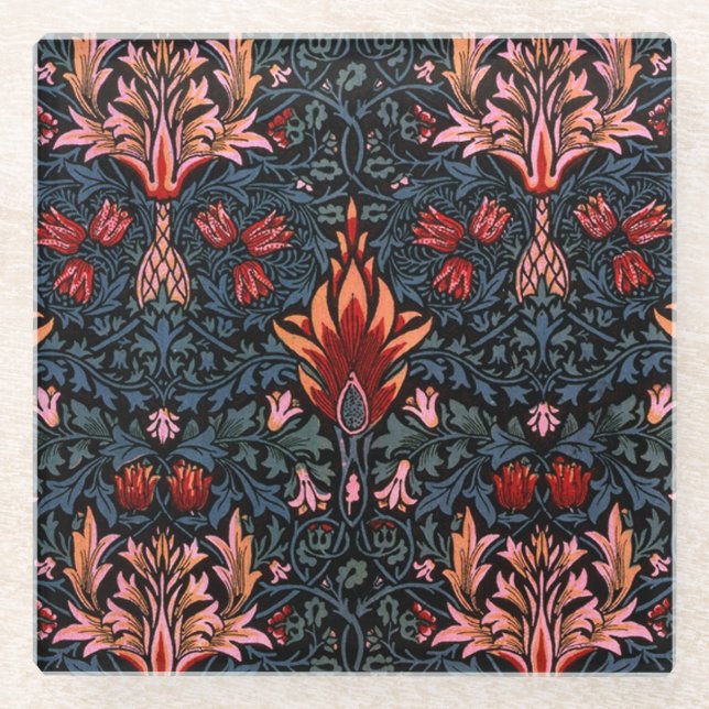 William Morris Snakeshead Dark Pattern Glass Coaster (Front)