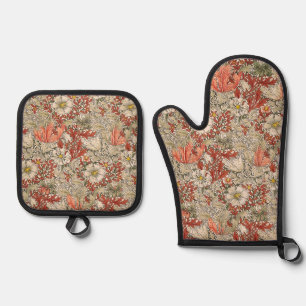 William Morris Spring Compton Flower Vintage Red Oven Mitt & Pot Holder Set