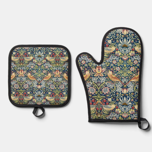 William Morris Strawberry Thief Bird Floral Oven Mitt & Pot Holder Set (Front)