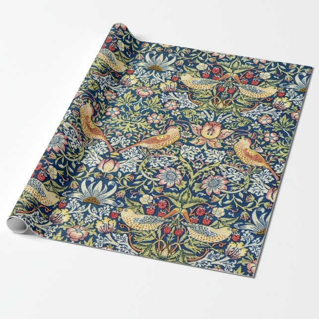 William Morris Strawberry Thief Bird Floral Wrapping Paper (Unrolled)