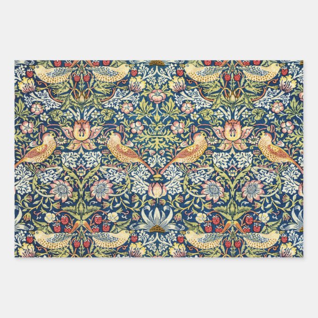 William Morris Strawberry Thief Bird Floral Wrapping Paper Sheets (Front)