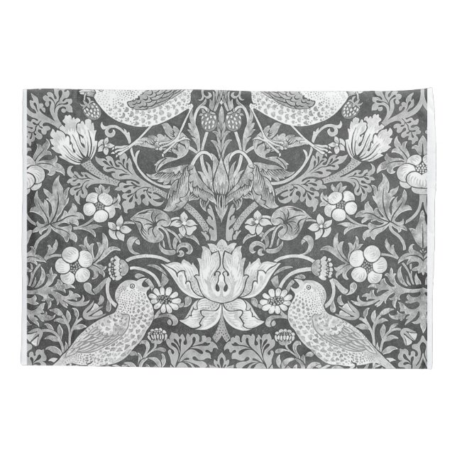 William Morris Strawberry Thief Black And White Pillow Case (Back)