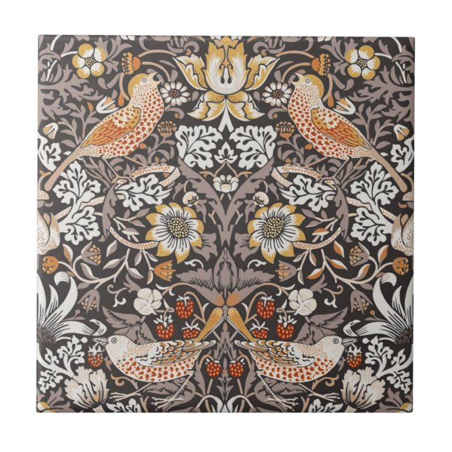 William Morris Strawberry Thief Charcoal Ochre Ceramic Tile (Front)