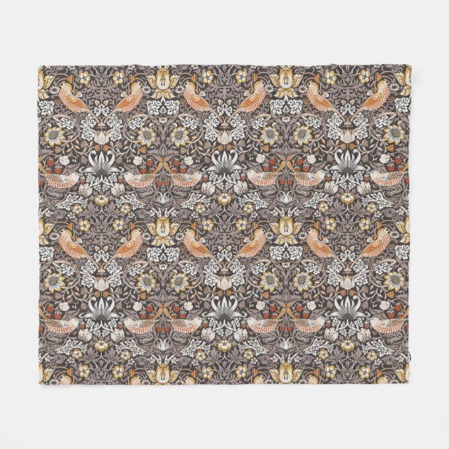 William Morris Strawberry Thief Charcoal Ochre Fleece Blanket (Front (Horizontal))