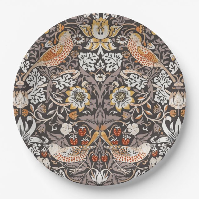 William Morris Strawberry Thief Charcoal Ochre Paper Plates (Front)
