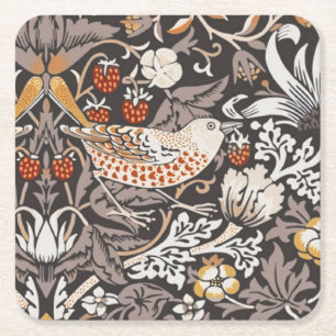 William Morris Strawberry Thief Charcoal Ochre Square Paper Coaster