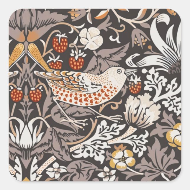 William Morris Strawberry Thief Charcoal Ochre Square Sticker (Front)