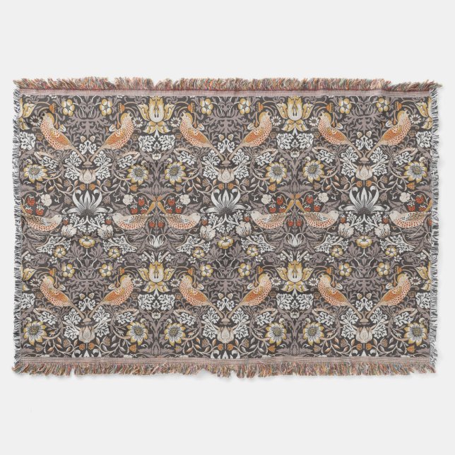 William Morris Strawberry Thief Charcoal Ochre Throw Blanket (Front)