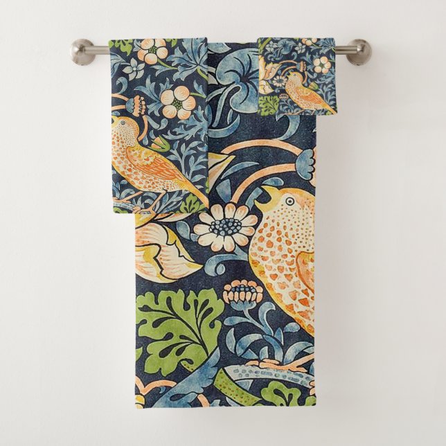 William Morris Strawberry Thief Floral Pattern Bath Towel Set (Insitu)