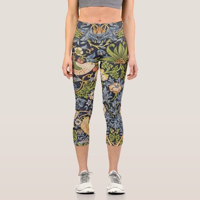 William Morris - Strawberry Thief Floral Pattern Capri Leggings (Front)