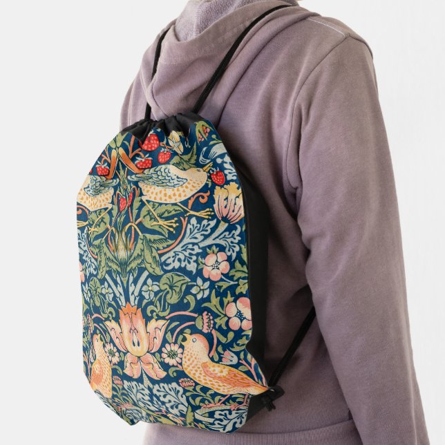 William Morris Strawberry Thief Floral Pattern Drawstring Bag (Insitu)