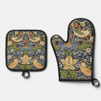 William Morris - Strawberry Thief Floral Pattern Oven Mitt & Pot Holder Set