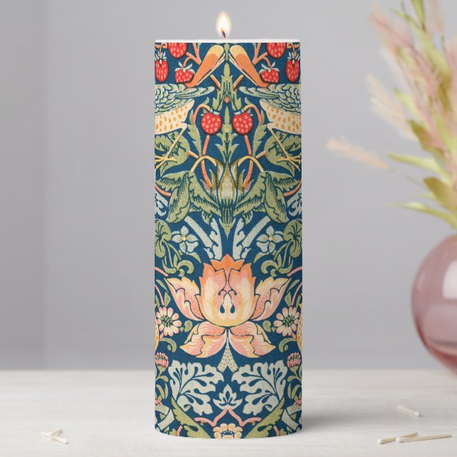 William Morris Strawberry Thief Floral Pattern Pillar Candle (In Situ)