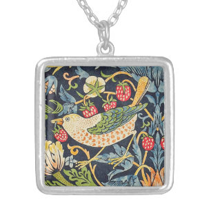 William Morris Strawberry Thief Floral Pattern Silver Plated Necklace