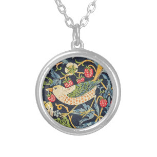 William Morris Strawberry Thief Floral Pattern Silver Plated Necklace