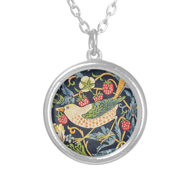 William Morris Strawberry Thief Floral Pattern Silver Plated Necklace (Front)