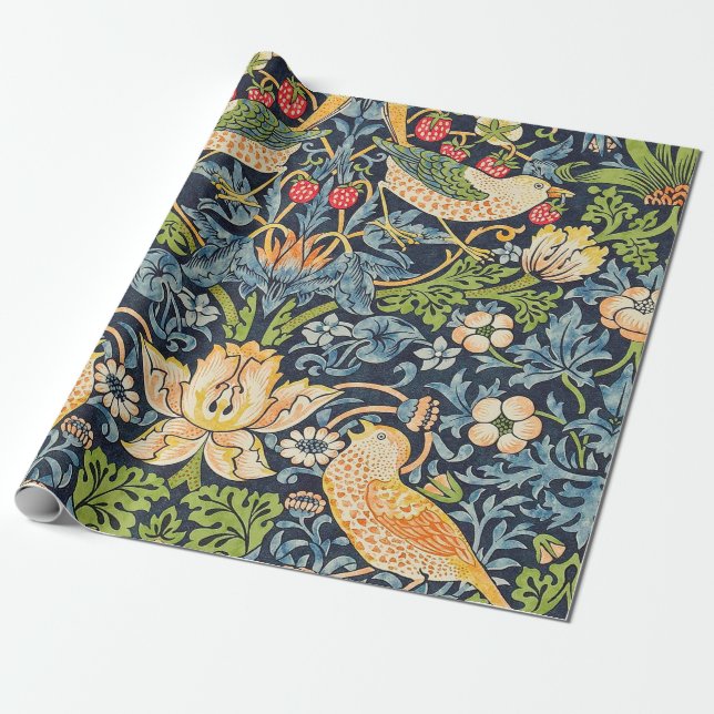 William Morris Strawberry Thief Floral Pattern Wrapping Paper (Unrolled)