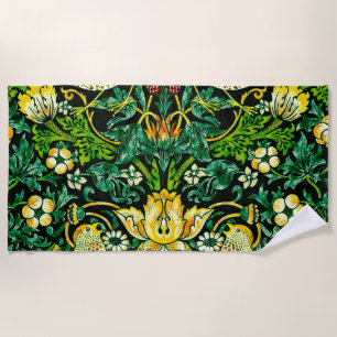 William Morris Strawberry Thief Green And Orange Beach Towel