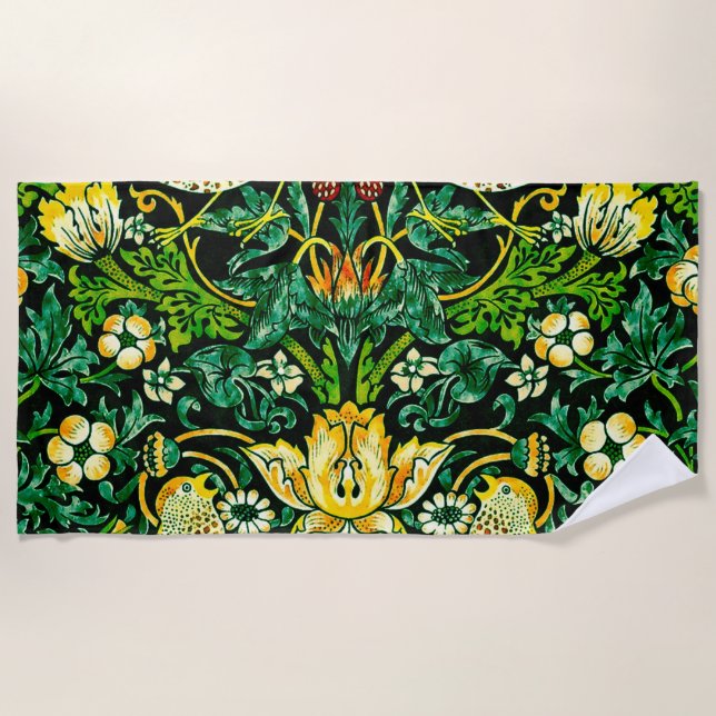 William Morris Strawberry Thief Green And Orange Beach Towel (Front)