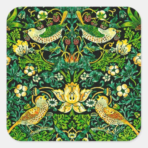 William Morris Strawberry Thief Green And Orange Square Sticker