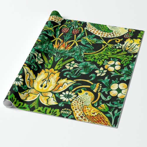 William Morris Strawberry Thief Green And Orange Wrapping Paper