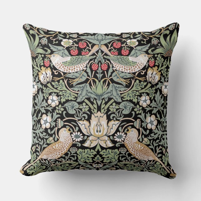 William Morris Strawberry Thief I Black Birds Throw Pillow (Front)