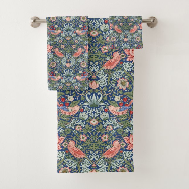 William Morris Strawberry Thief Navy Coral Bath Towel Set (Insitu)