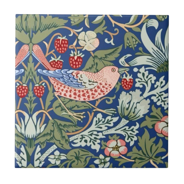 William Morris Strawberry Thief Navy Coral Ceramic Tile (Front)