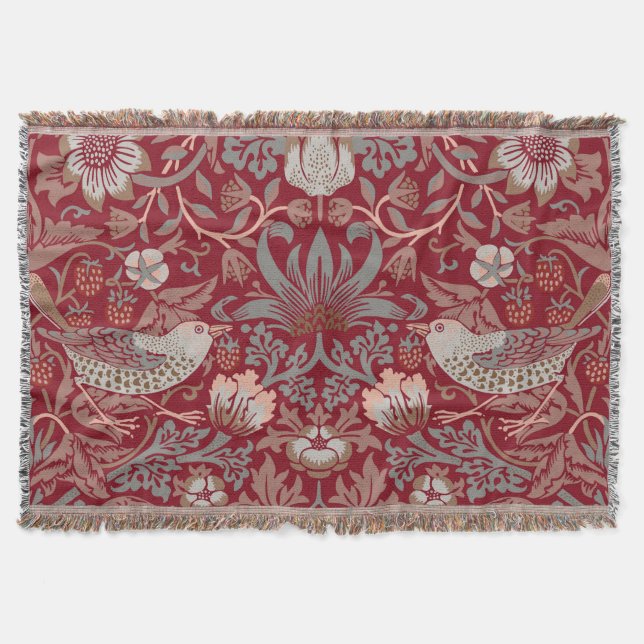 William Morris Strawberry Thief Red Throw Blanket (Front)