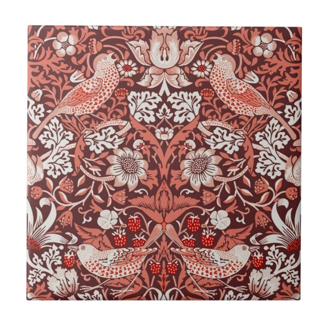 William Morris Strawberry Thief Terracotta Bird Ceramic Tile (Front)