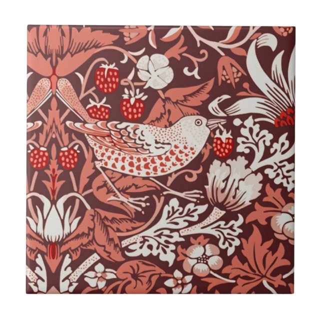 William Morris Strawberry Thief Terracotta Bird Ceramic Tile (Front)