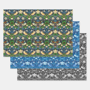 William Morris Strswberry Thief, Multi Blue Black  Wrapping Paper Sheets