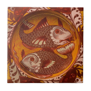 William Morris Style Arts and Crafts Red Fish Art Ceramic Tile