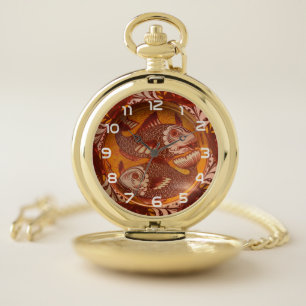 William Morris Style Arts and Crafts Red Fish Art Pocket Watch