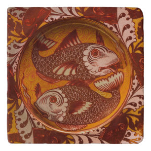 William Morris Style Arts and Crafts Red Fish Art Trivet