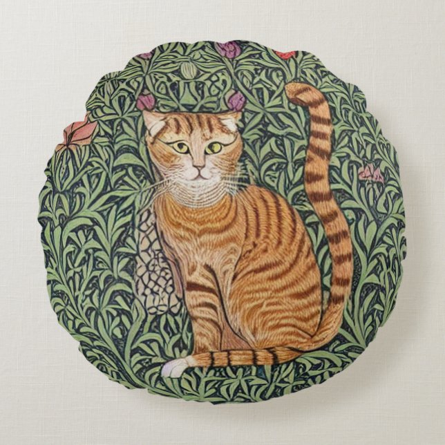 William Morris Style Cat Round Pillow (Front)