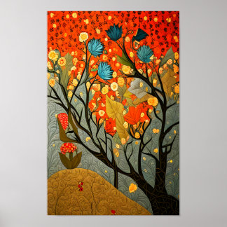 William Morris style decorated trees and flowers Poster