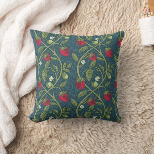 William Morris style dusty green red strawberries Throw Pillow
