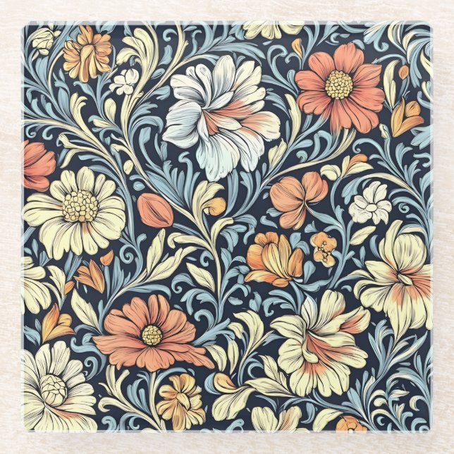 William Morris style floral acanthus pattern Glass Coaster (Front)