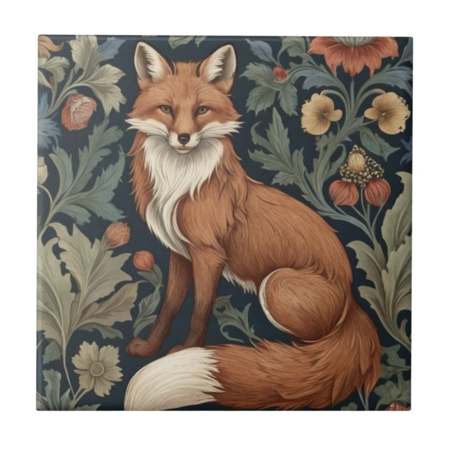 William Morris style Floral Left Facing Fox Ceramic Tile (Front)