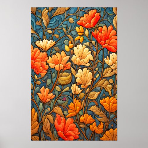 William Morris Style Floral Pattern in Fall Colors Poster