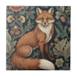 William Morris style Floral Right Facing Fox Ceramic Tile<br><div class="desc">"country classic art nouveau",  "red fox",  "sage green woodland animals",  "british william morris ceramic tile",  "leafy woods dark navy blue",  "forest tree leaf leaves antique",  "vintage yellow red wildflowers",  "wildlife english garden animal",  "nature floral flower botanical",  "right facing traditional flowers"</div>