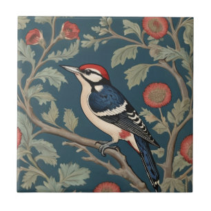 William Morris style Great spotted woodpecker Bird Ceramic Tile