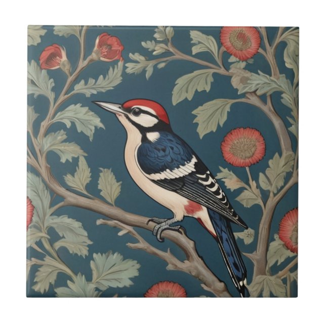 William Morris style Great spotted woodpecker Bird Ceramic Tile (Front)