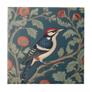 William Morris style Great spotted woodpecker Bird Ceramic Tile